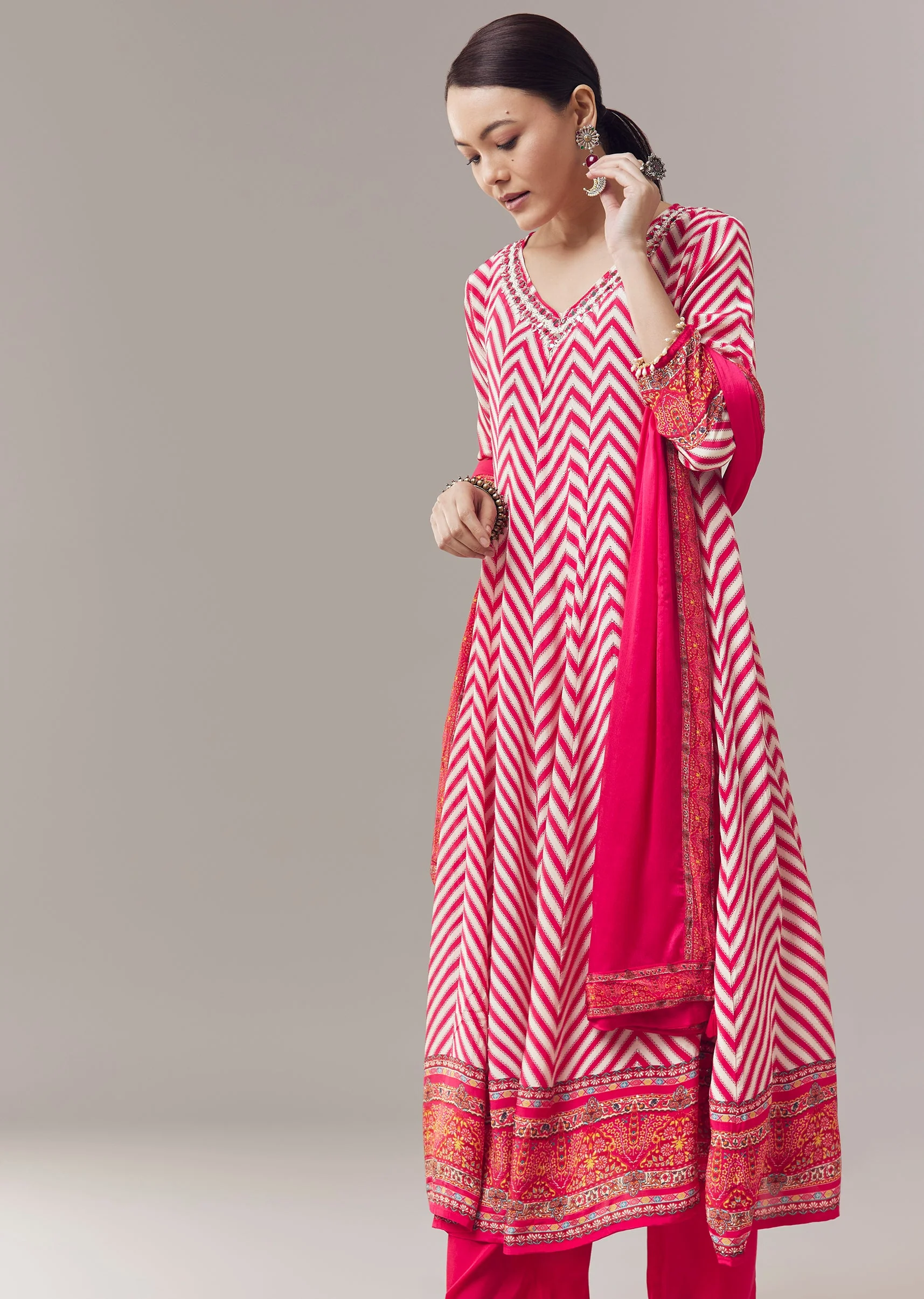 Pink Anarkali Suit In Chevron Print With Mirror Moti And Stone Work And Dupatta