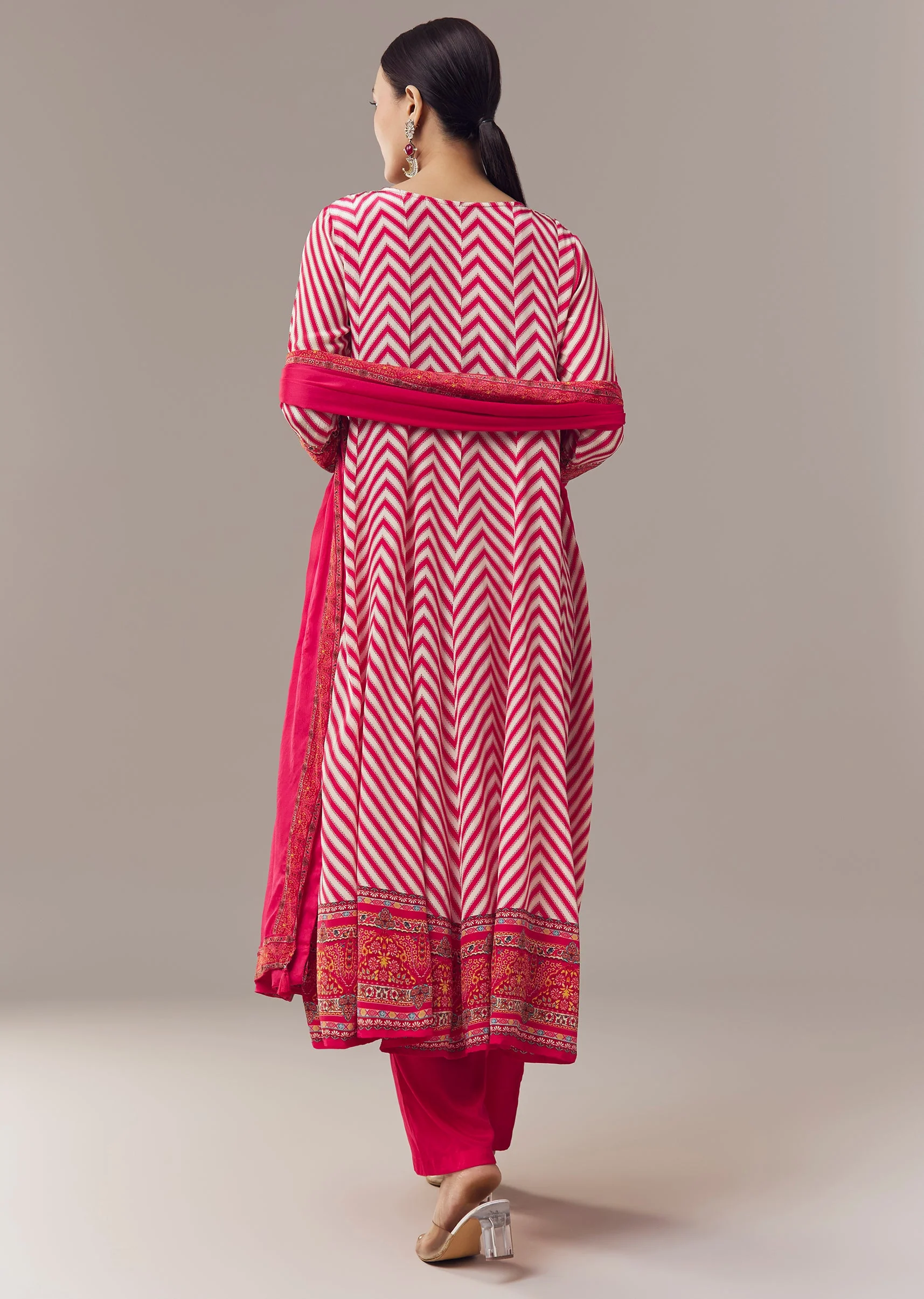 Pink Anarkali Suit In Chevron Print With Mirror Moti And Stone Work And Dupatta