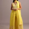 Yellow Embroidered Anarkali Pant Suit With Net Dupatta
