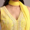 Yellow Embroidered Anarkali Pant Suit With Net Dupatta