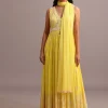 Yellow Embroidered Anarkali Pant Suit With Net Dupatta