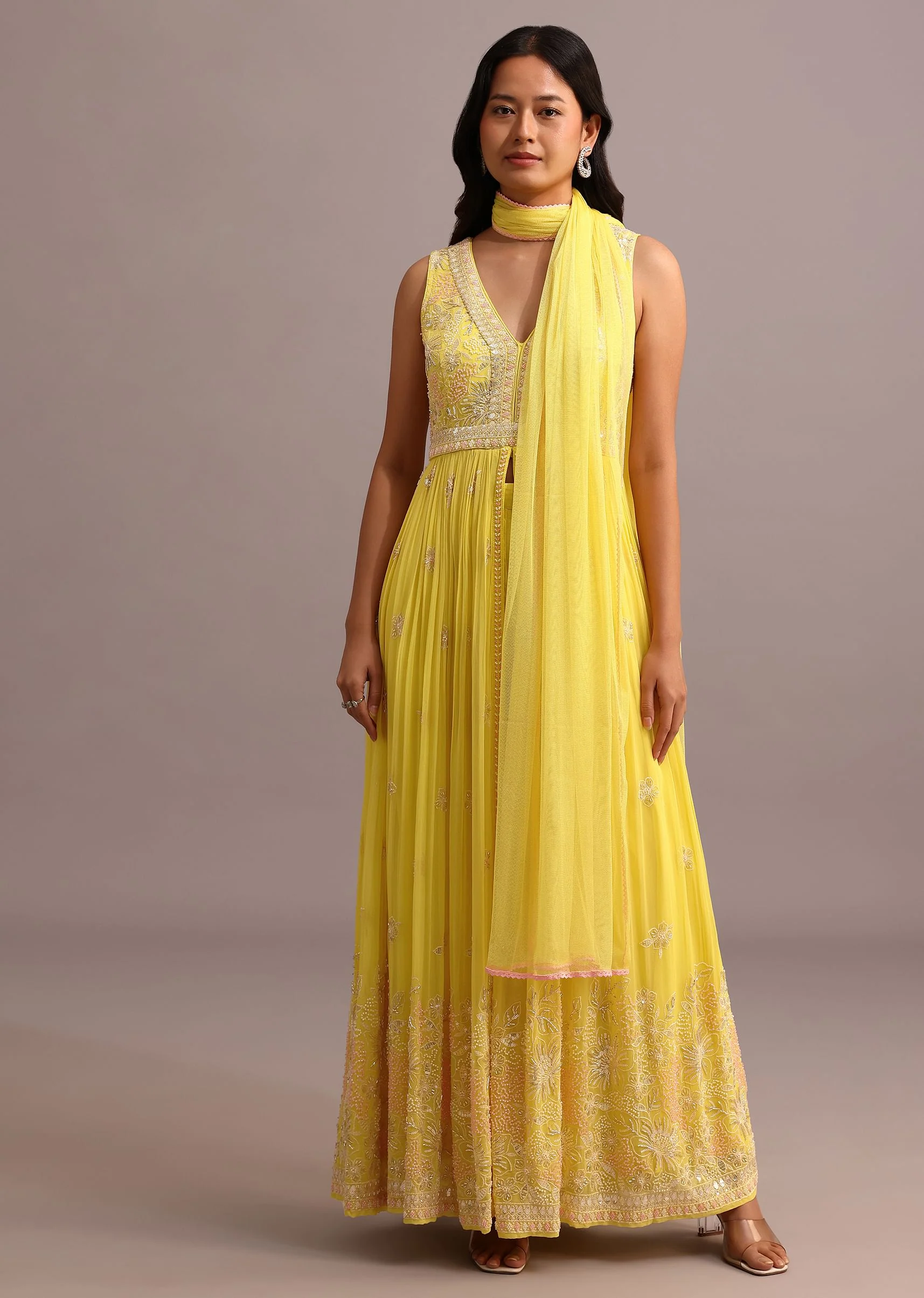 Yellow Embroidered Anarkali Pant Suit With Net Dupatta