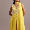 Yellow Embroidered Anarkali Pant Suit With Net Dupatta