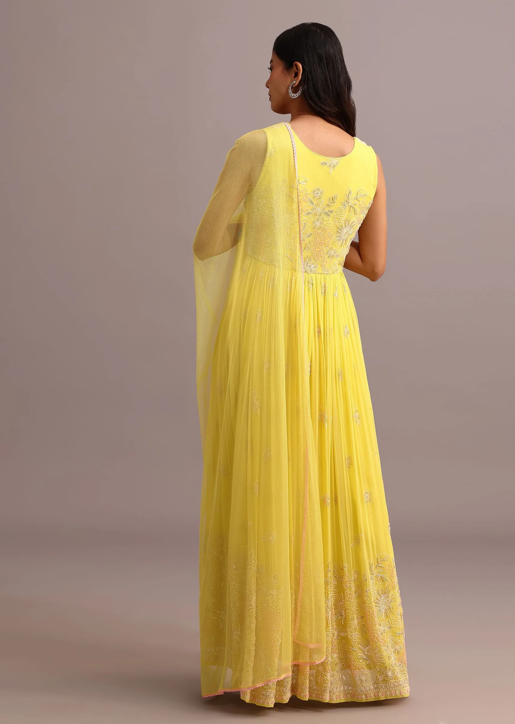 Yellow Embroidered Anarkali Pant Suit With Net Dupatta