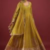 Lime Green Anarkali Suit In Georgette With Multicolored Resham And Zari Embroidered Mughal Design