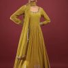 Lime Green Anarkali Suit In Georgette With Multicolored Resham And Zari Embroidered Mughal Design
