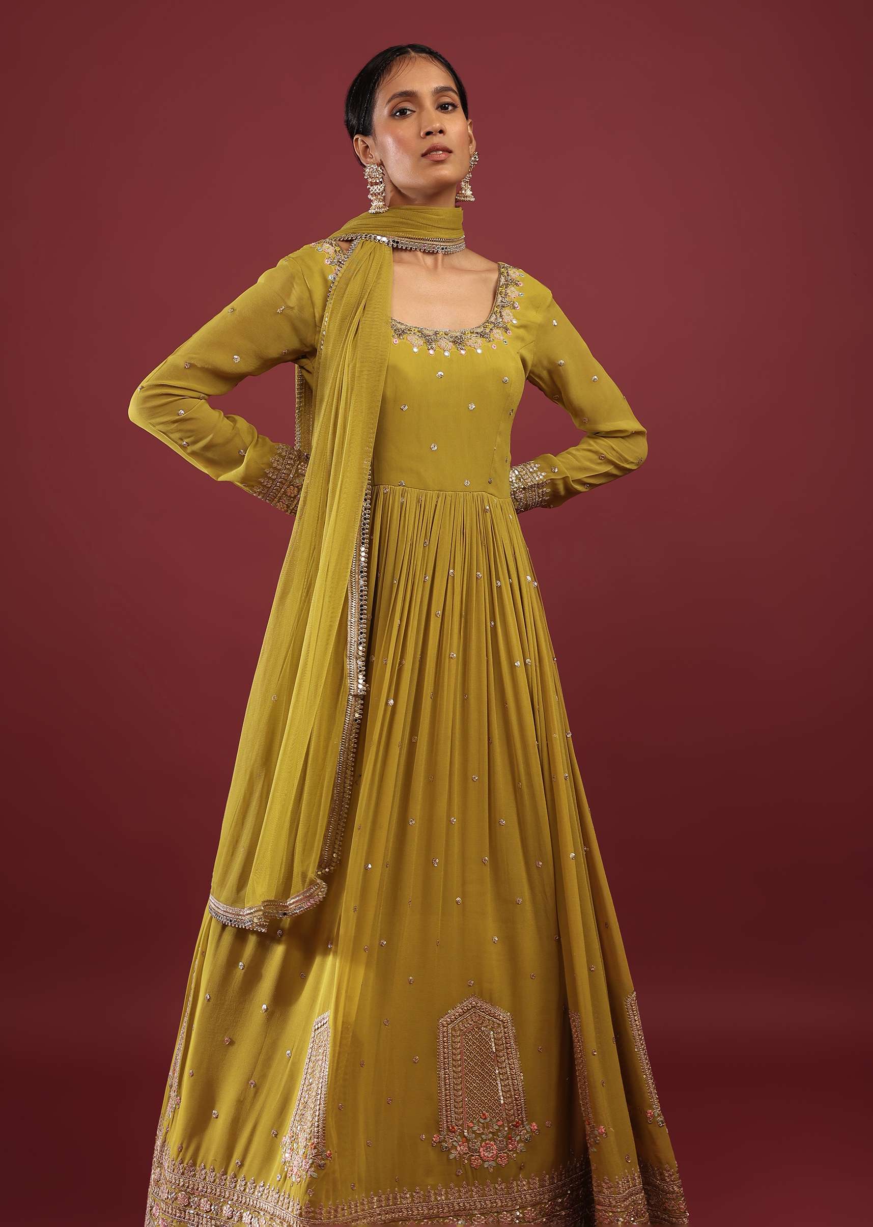 Lime Green Anarkali Suit In Georgette With Multicolored Resham And Zari Embroidered Mughal Design