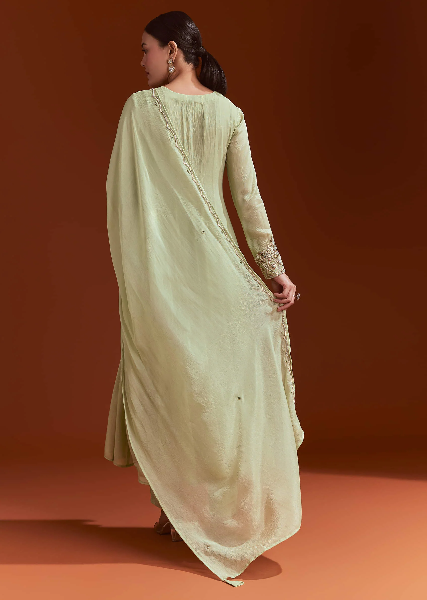 Pista Green Chinon Anarkali Suit With Beads And Stone Work