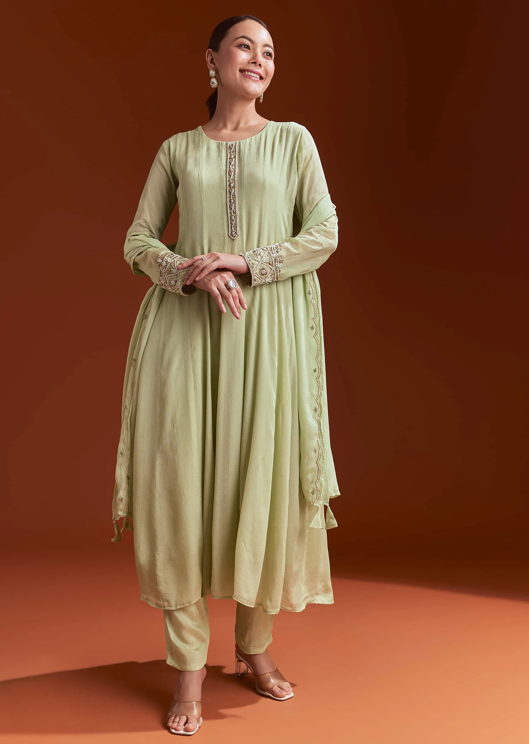 Pista Green Chinon Anarkali Suit With Beads And Stone Work