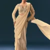 Champagne Peach Embroidered Draped Saree With 3D Applique Blouse