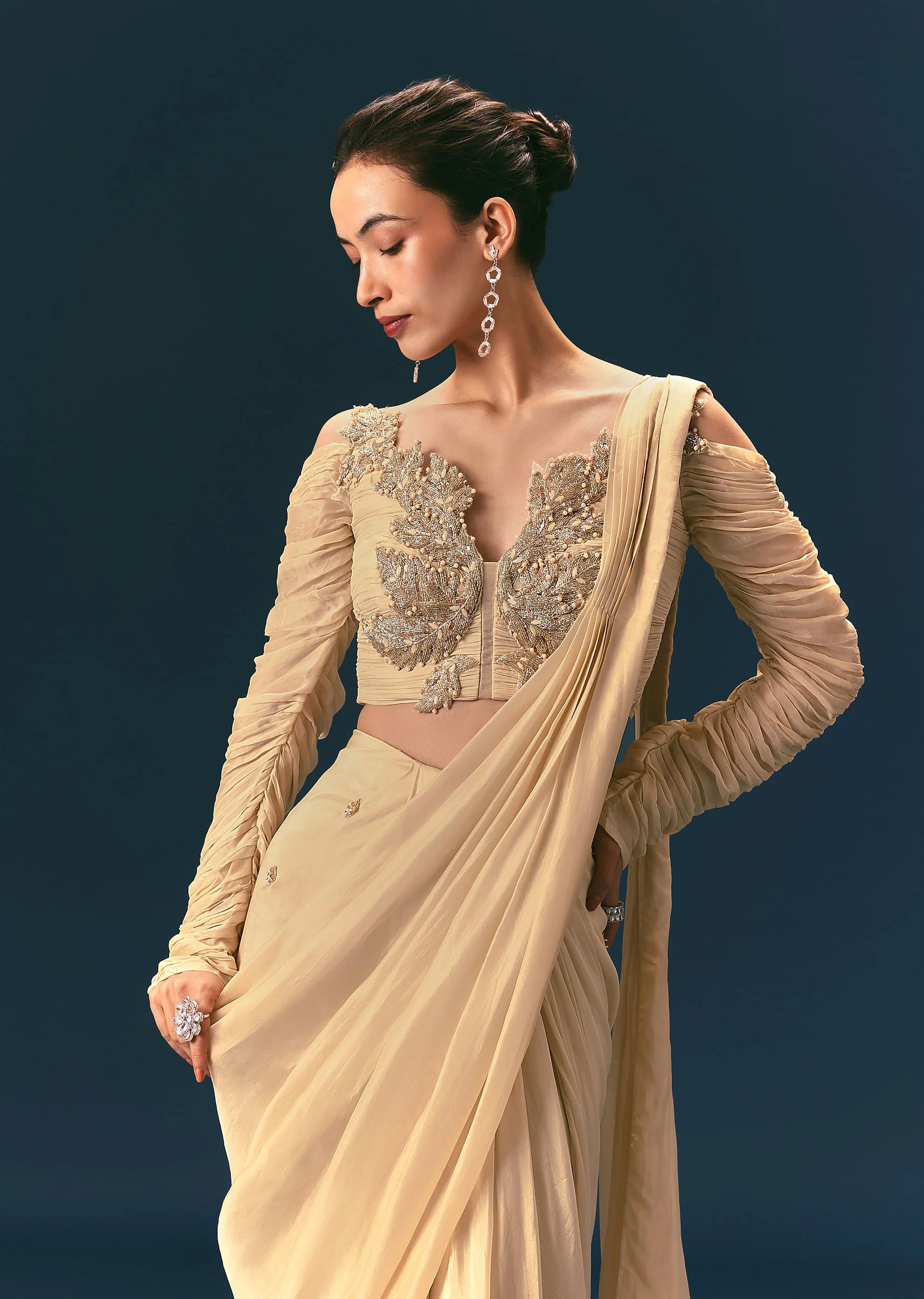Champagne Peach Embroidered Draped Saree With 3D Applique Blouse