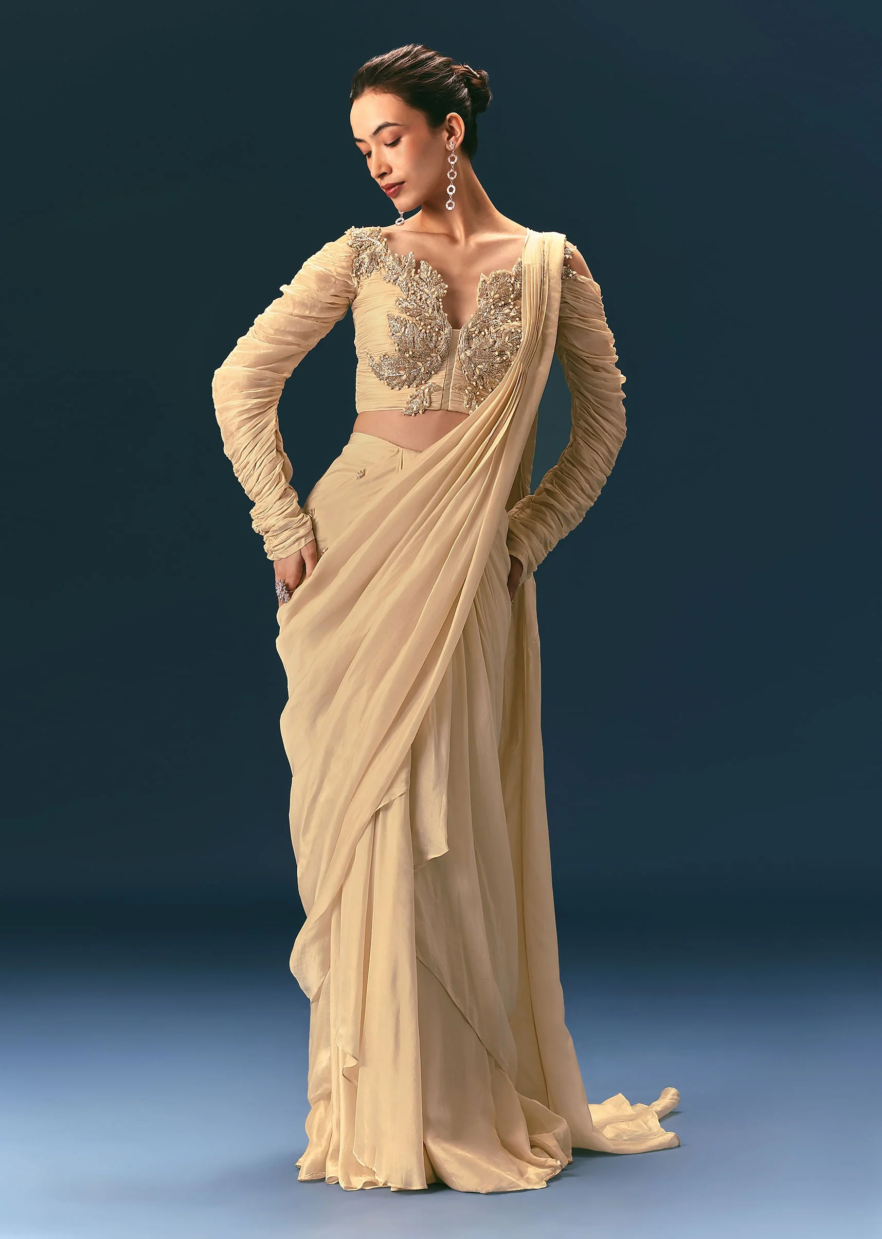 Champagne Peach Embroidered Draped Saree With 3D Applique Blouse