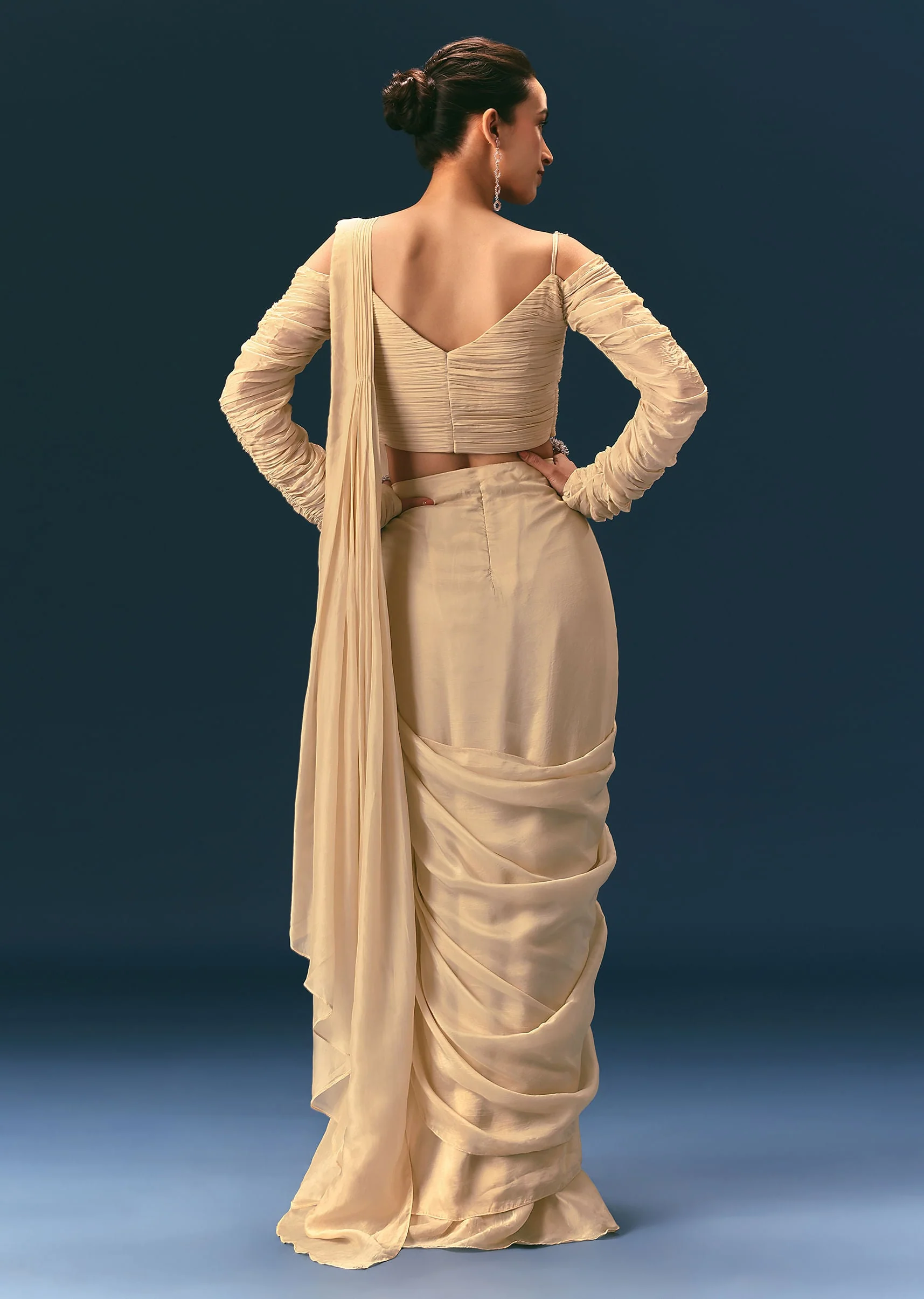 Champagne Peach Embroidered Draped Saree With 3D Applique Blouse
