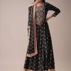 Black Floral Printed Anarkali Suit Set In Art Silk