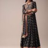 Black Floral Printed Anarkali Suit Set In Art Silk