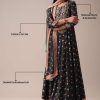 Black Floral Printed Anarkali Suit Set In Art Silk