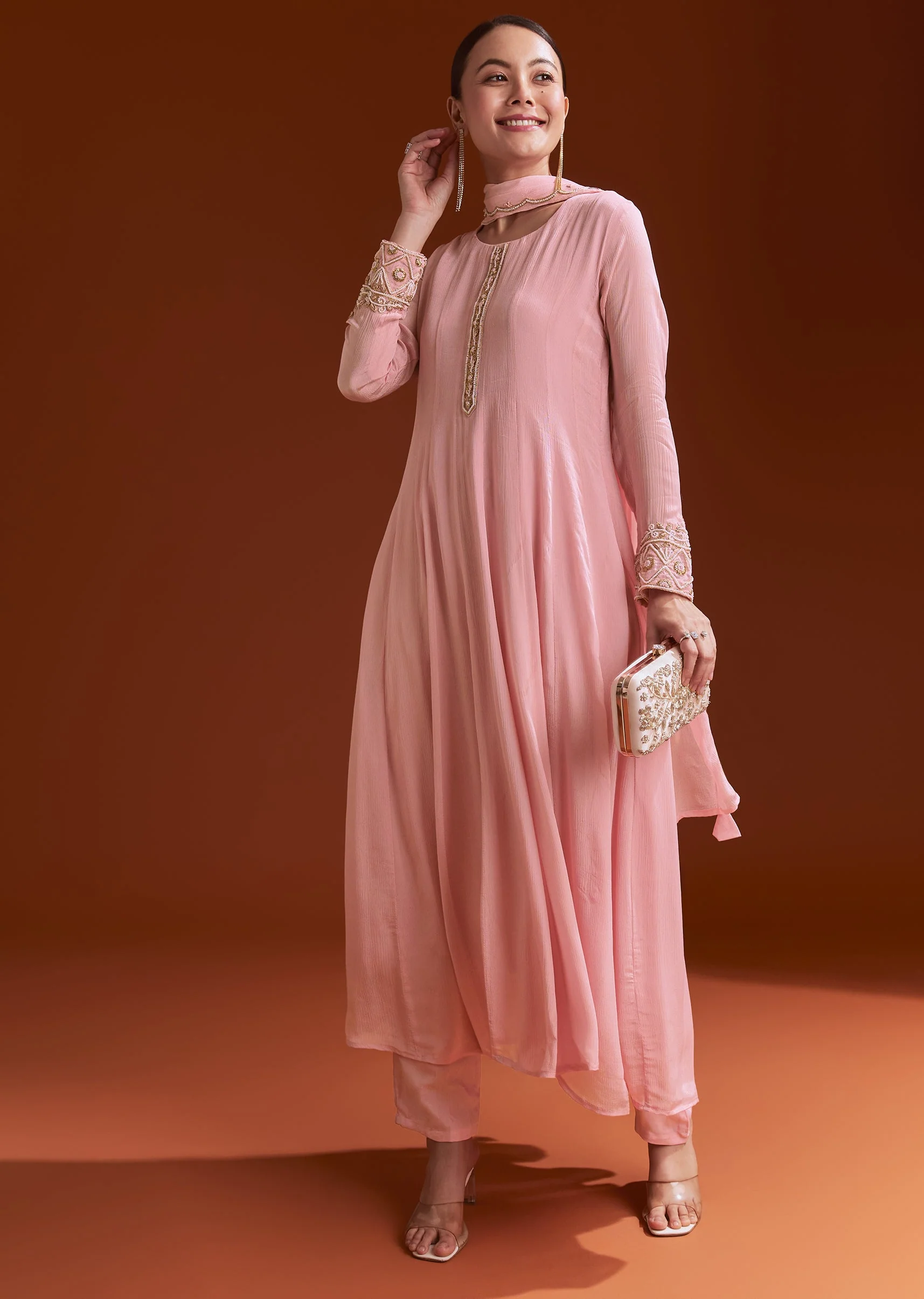 Pink Chinon Anarkali Suit With Beads And Stone Work