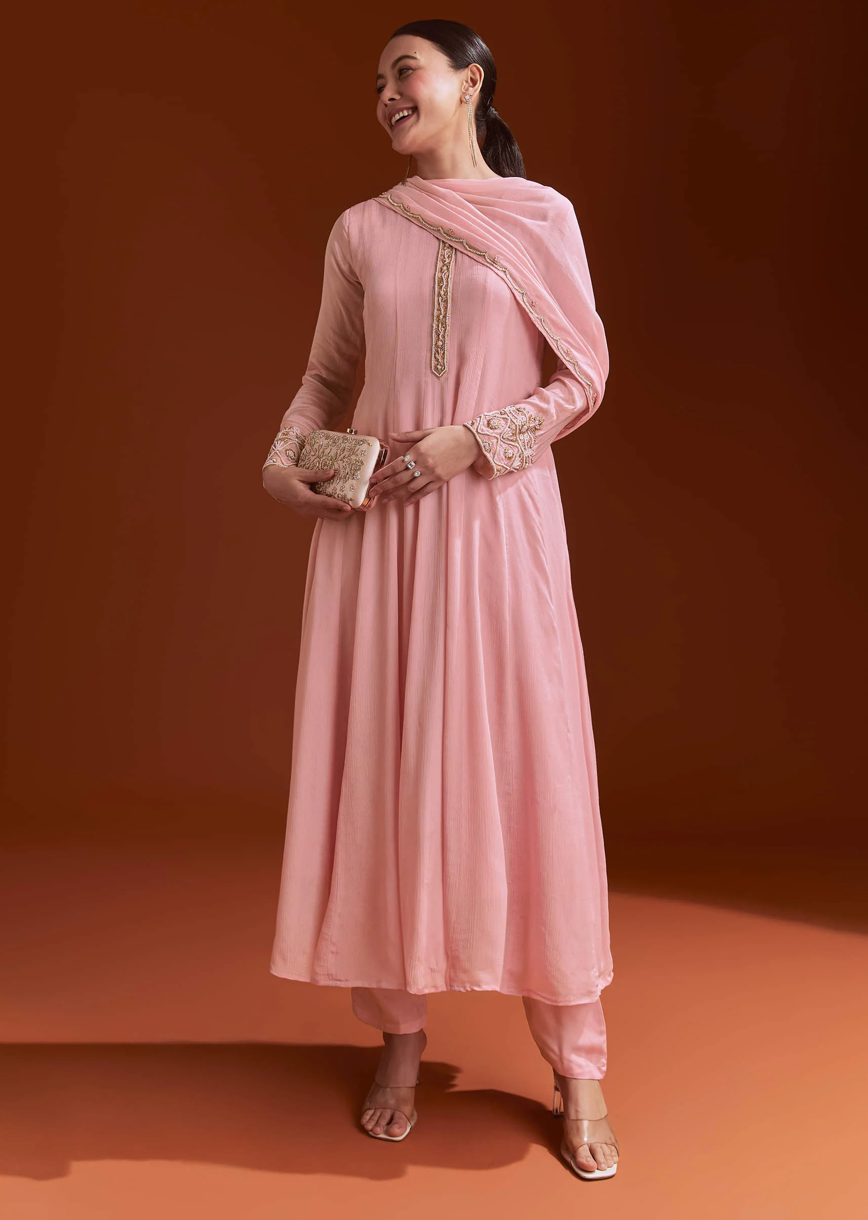 Pink Chinon Anarkali Suit With Beads And Stone Work