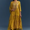 Yellow Cotton Printed Anarkali Suit With Mirror And Thread Embroidery