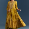 Yellow Cotton Printed Anarkali Suit With Mirror And Thread Embroidery
