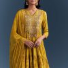 Yellow Cotton Printed Anarkali Suit With Mirror And Thread Embroidery