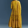 Yellow Cotton Printed Anarkali Suit With Mirror And Thread Embroidery