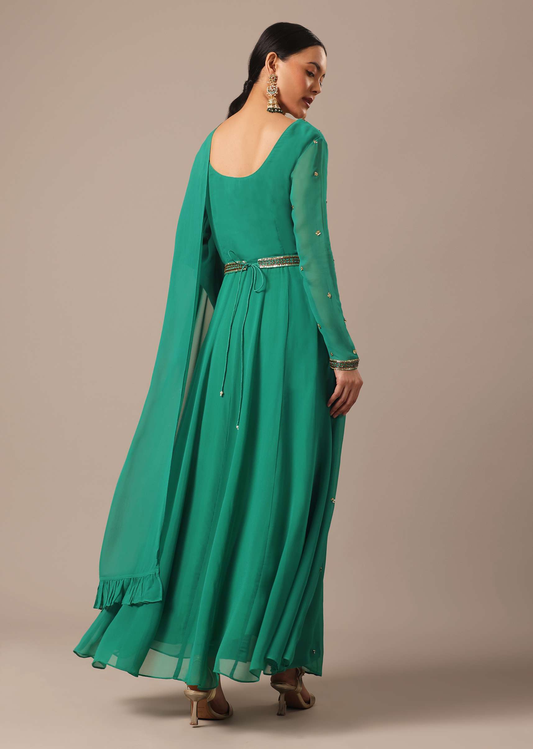 Green Sequin Work Anarkali Set With Embroidered Belt And Dupatta