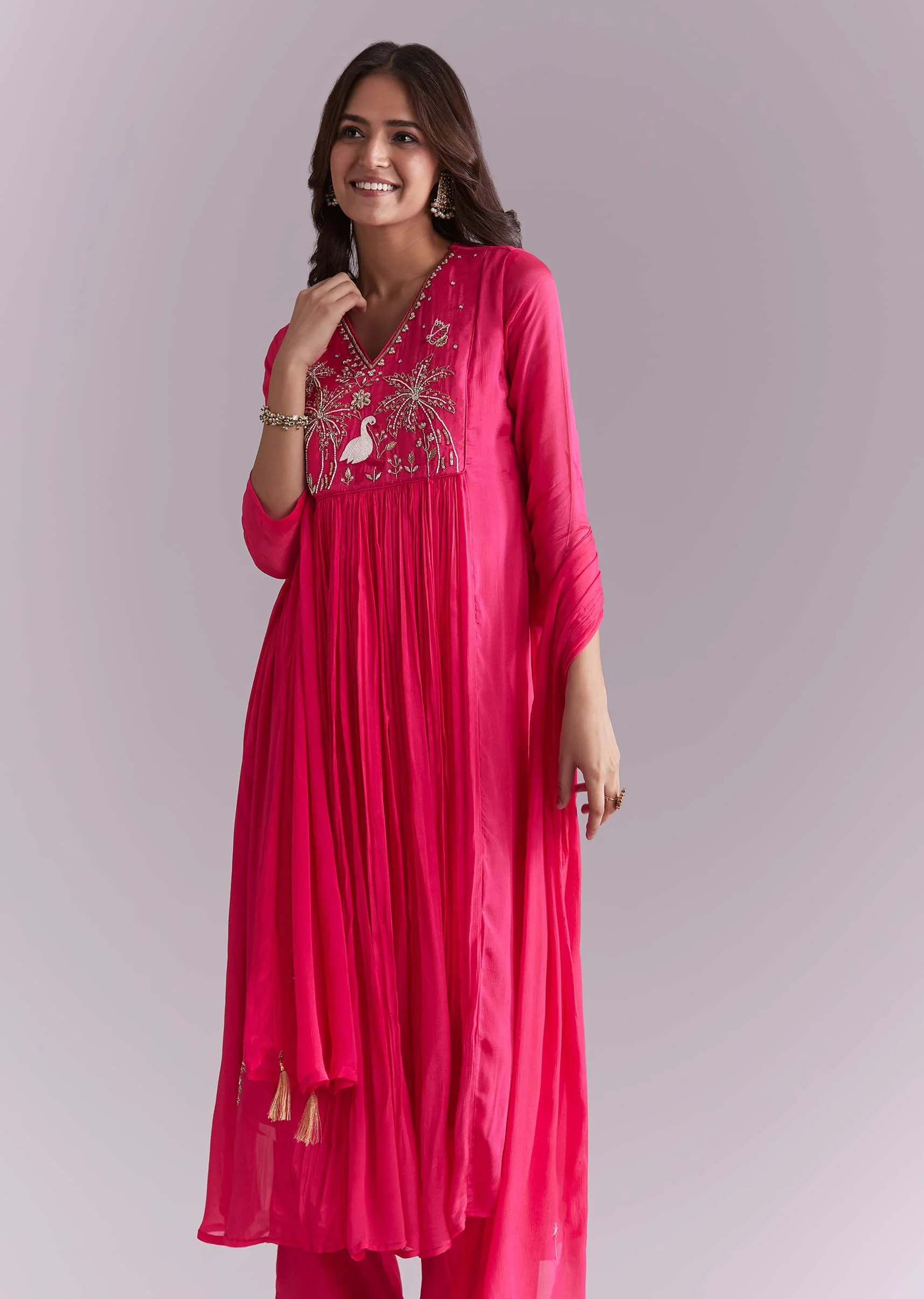 Pink Chinon Anarkali Suit With Moti And Resham Embroidery