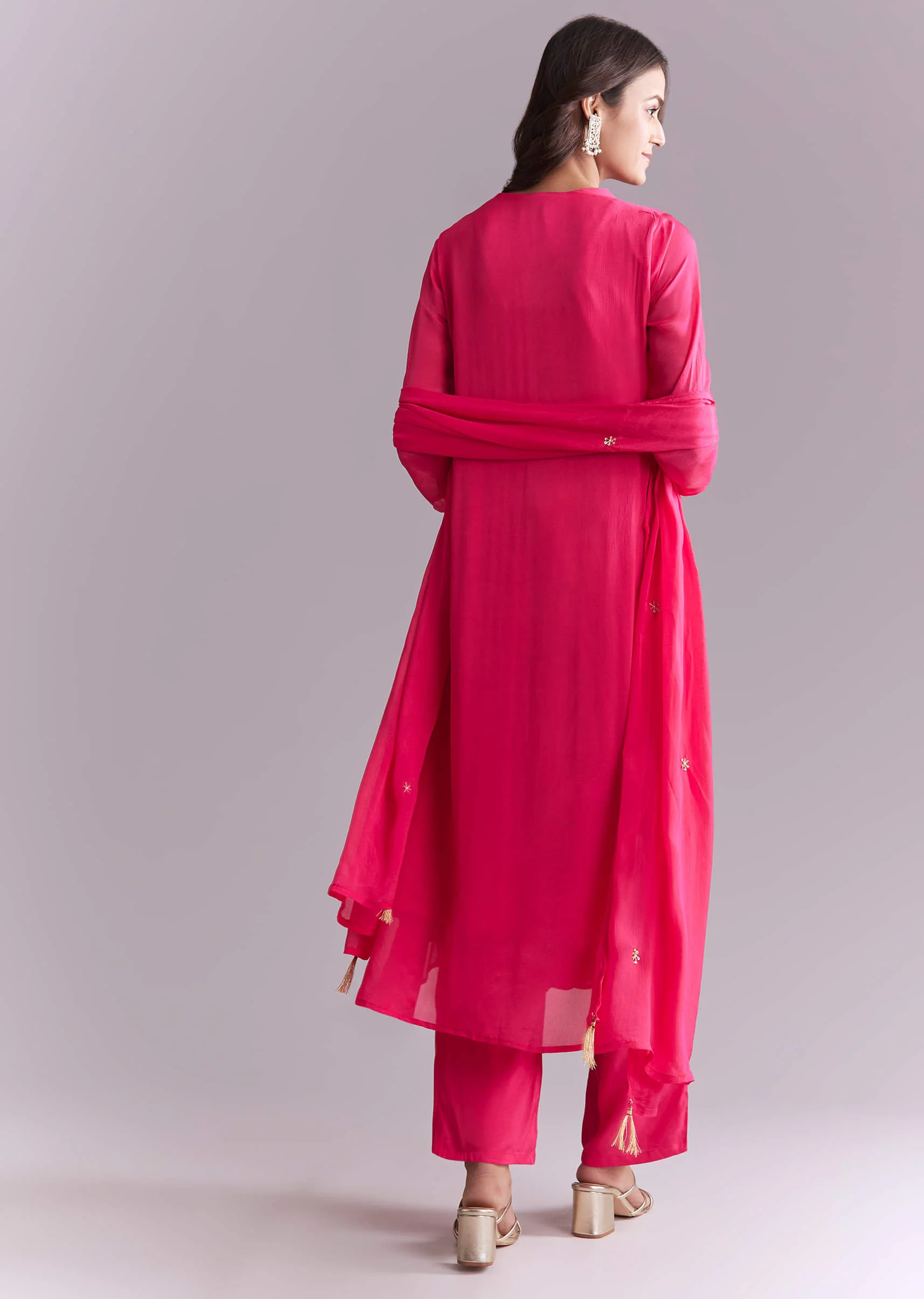 Pink Chinon Anarkali Suit With Moti And Resham Embroidery