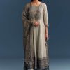 Grey Dola Silk Anarkali Suit With Floral Print And Embroidery