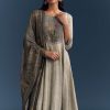 Grey Dola Silk Anarkali Suit With Floral Print And Embroidery