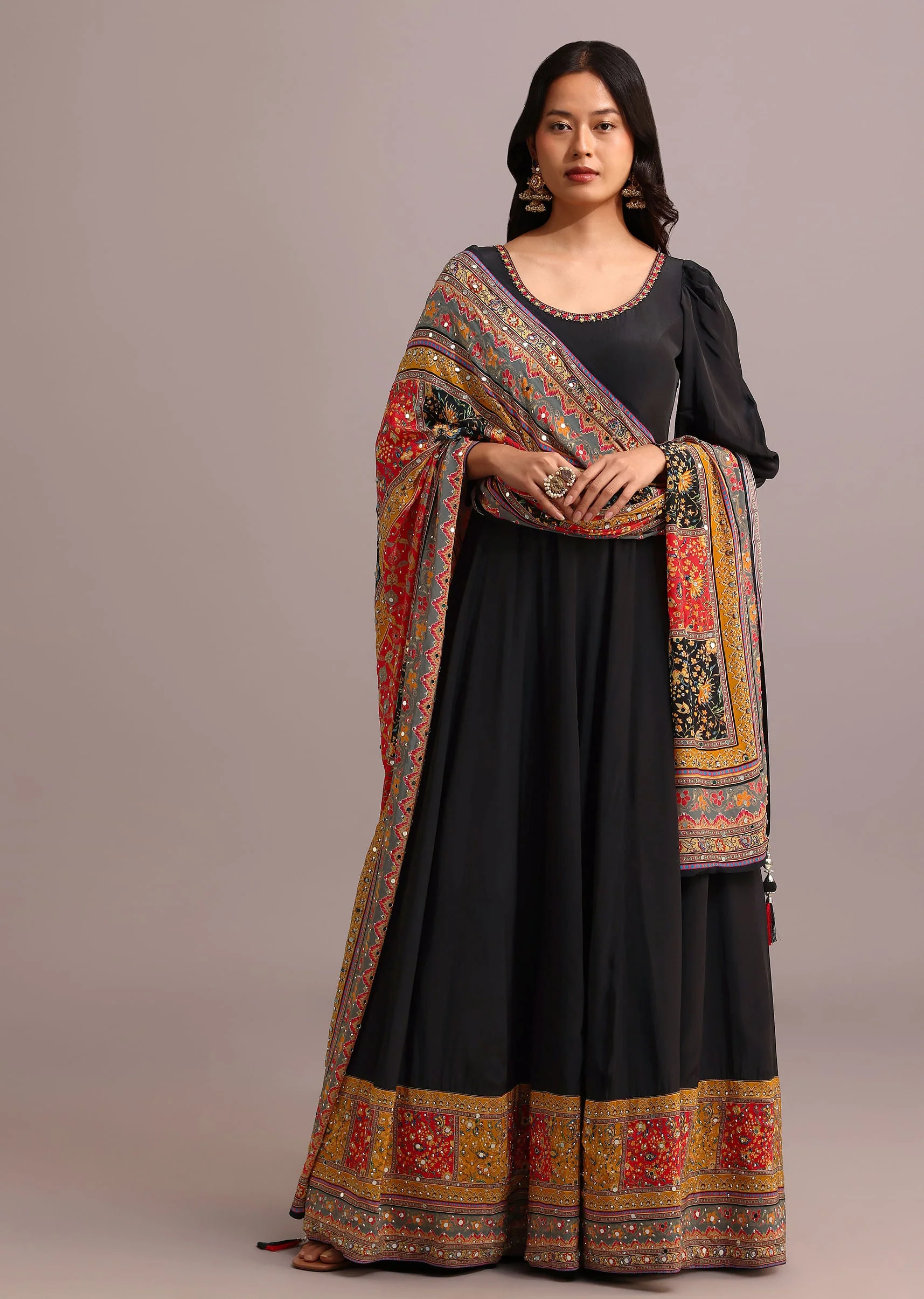 20217-black-embroidered-anarkali-with-printed-dupatta-1.webp Black Embroidered Anarkali With Printed Dupatta
