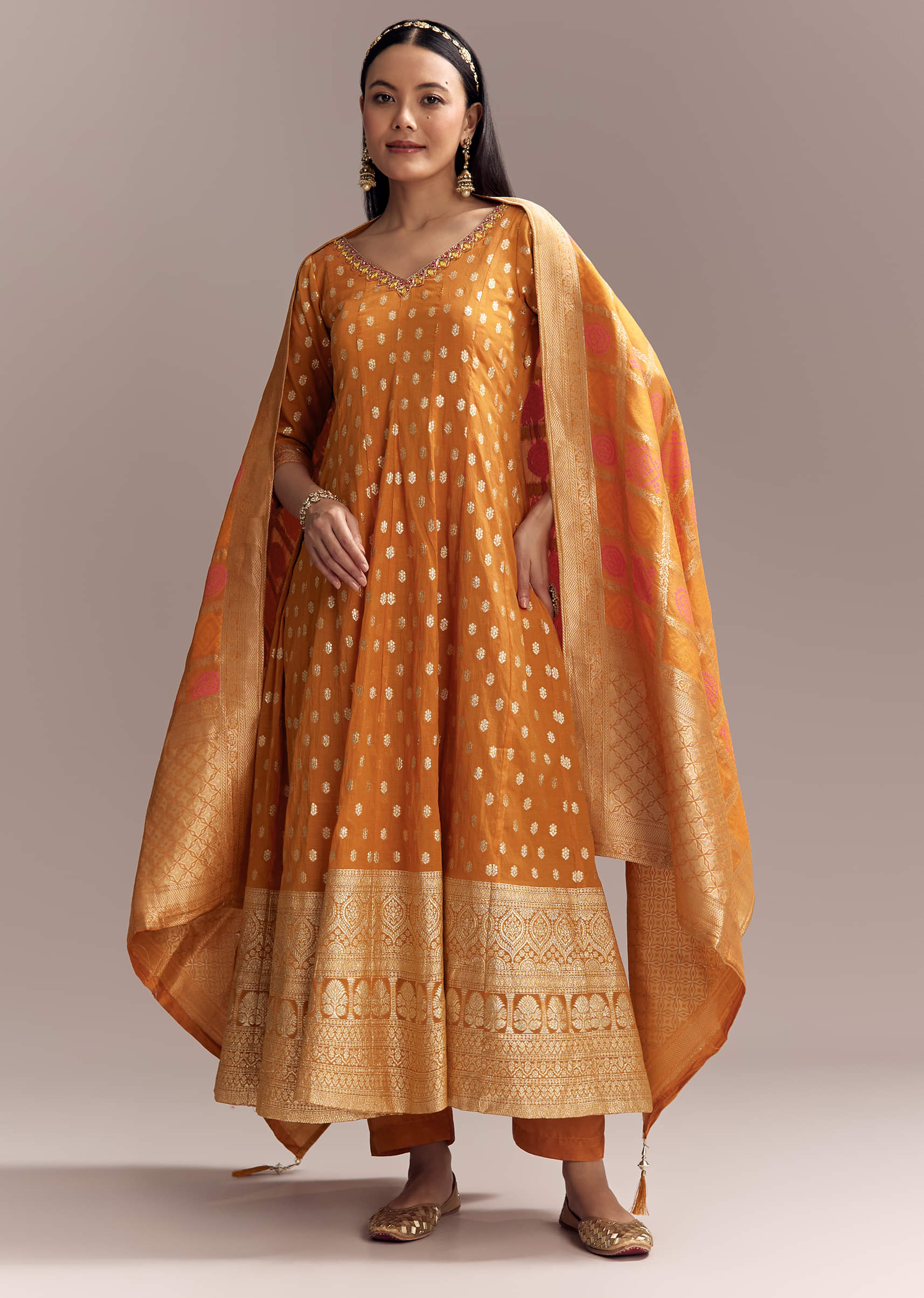 20229-orange-jacquard-anarkali-suit-with-woven-brocade-dupatta-1.jpg Orange Jacquard Anarkali Suit With Woven Brocade Dupatta