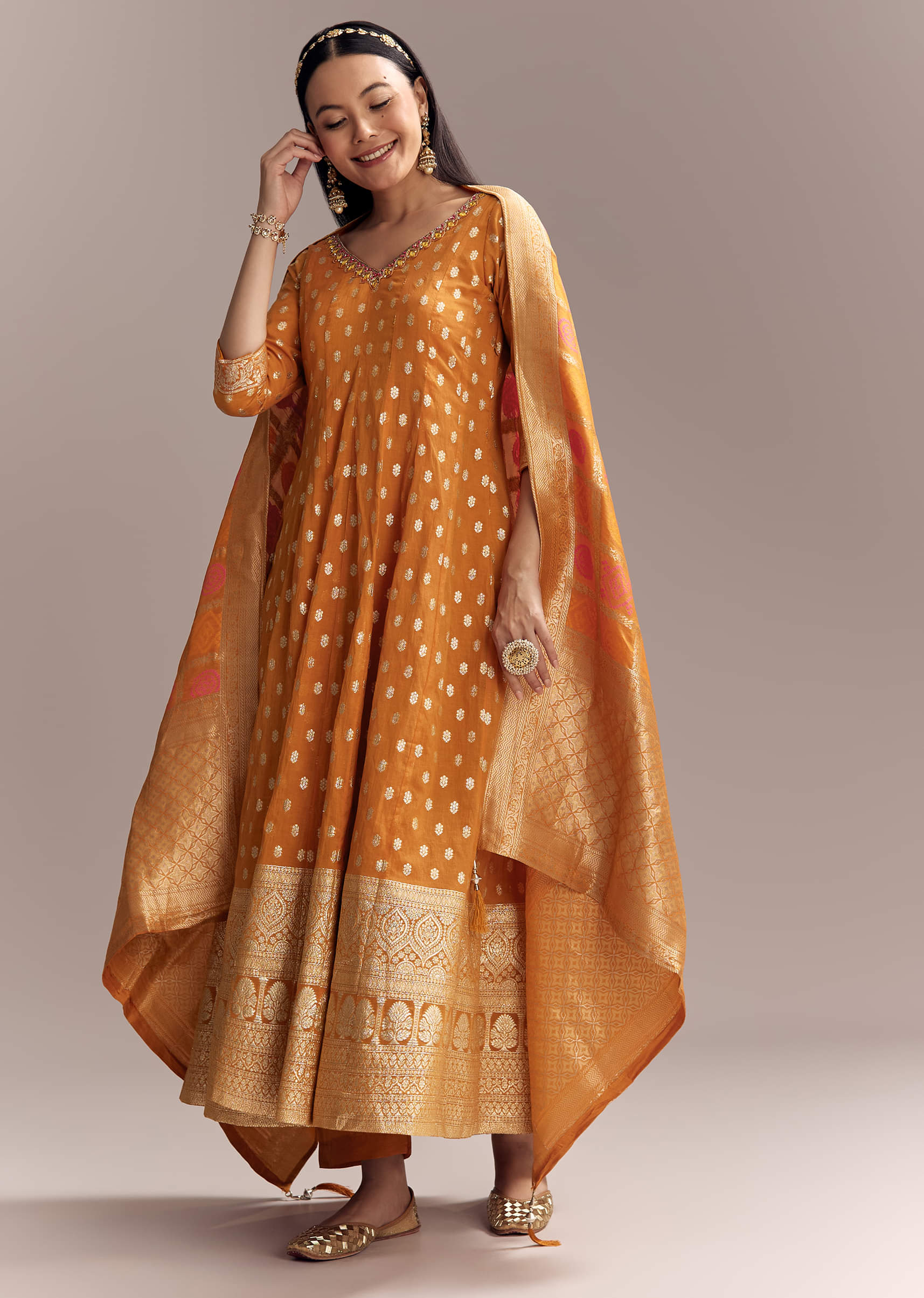 Orange Jacquard Anarkali Suit With Woven Brocade Dupatta