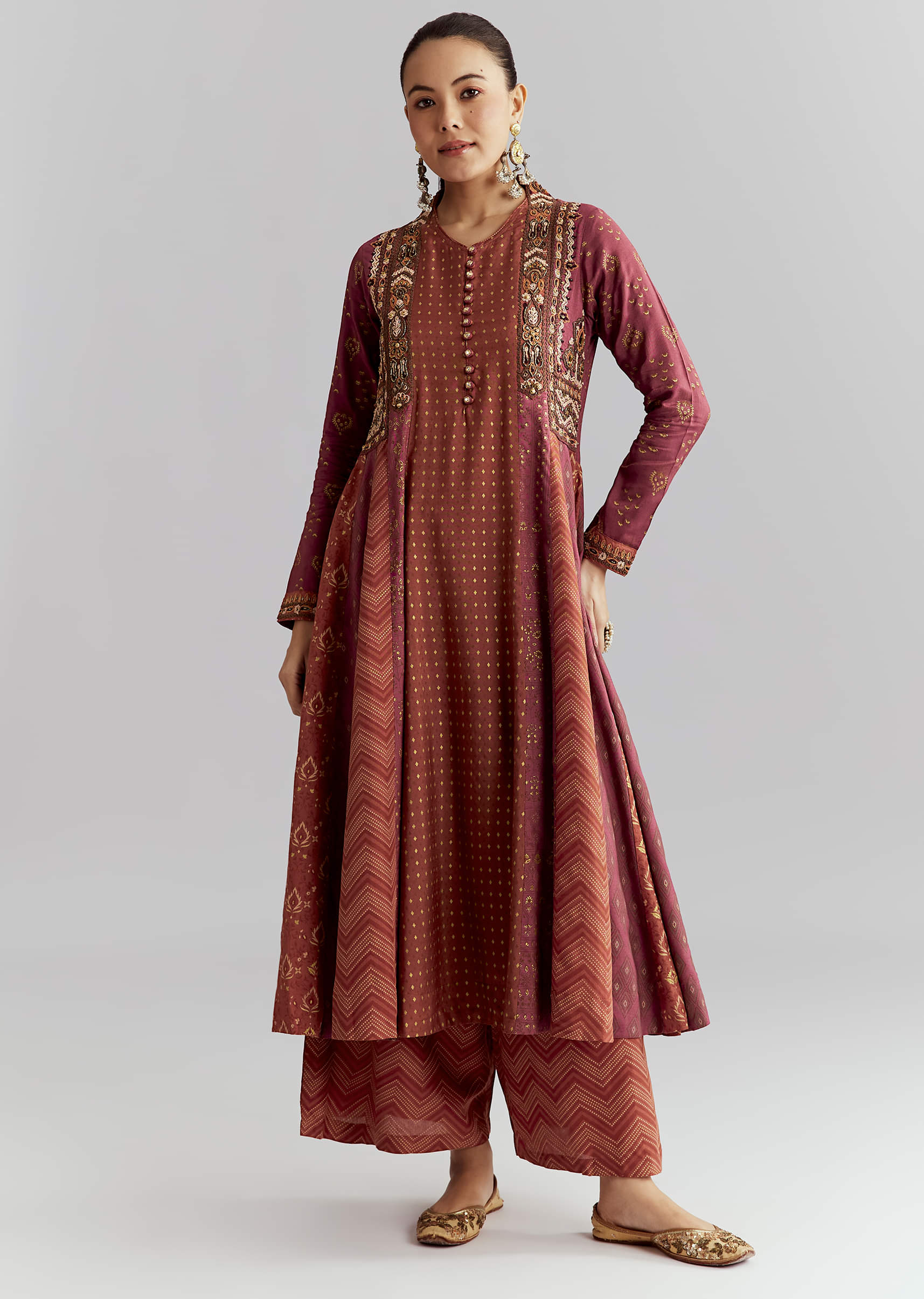 20236-brown-silk-anarkali-suit-with-indie-print-and-embroidery-1.jpg Brown Silk Anarkali Suit With Indie Print And Embroidery
