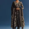 Black Floral Printed Crepe Anarkali Set With Embroidered Neckline