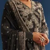 Black Floral Printed Crepe Anarkali Set With Embroidered Neckline