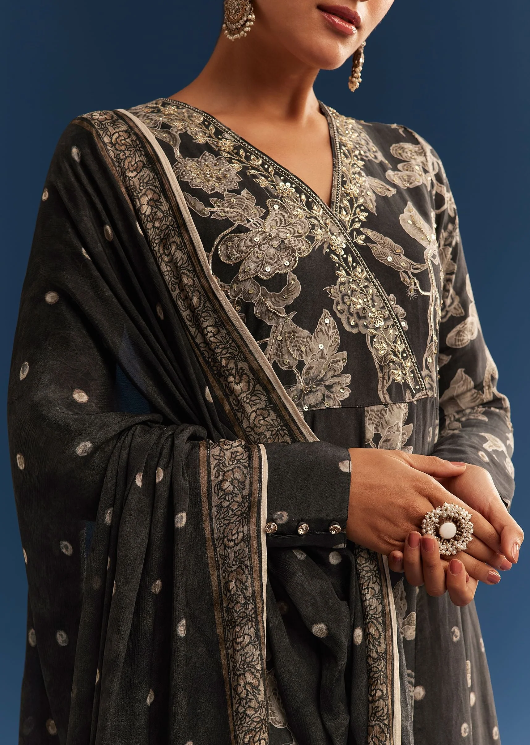 Black Floral Printed Crepe Anarkali Set With Embroidered Neckline