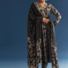 Black Floral Printed Crepe Anarkali Set With Embroidered Neckline
