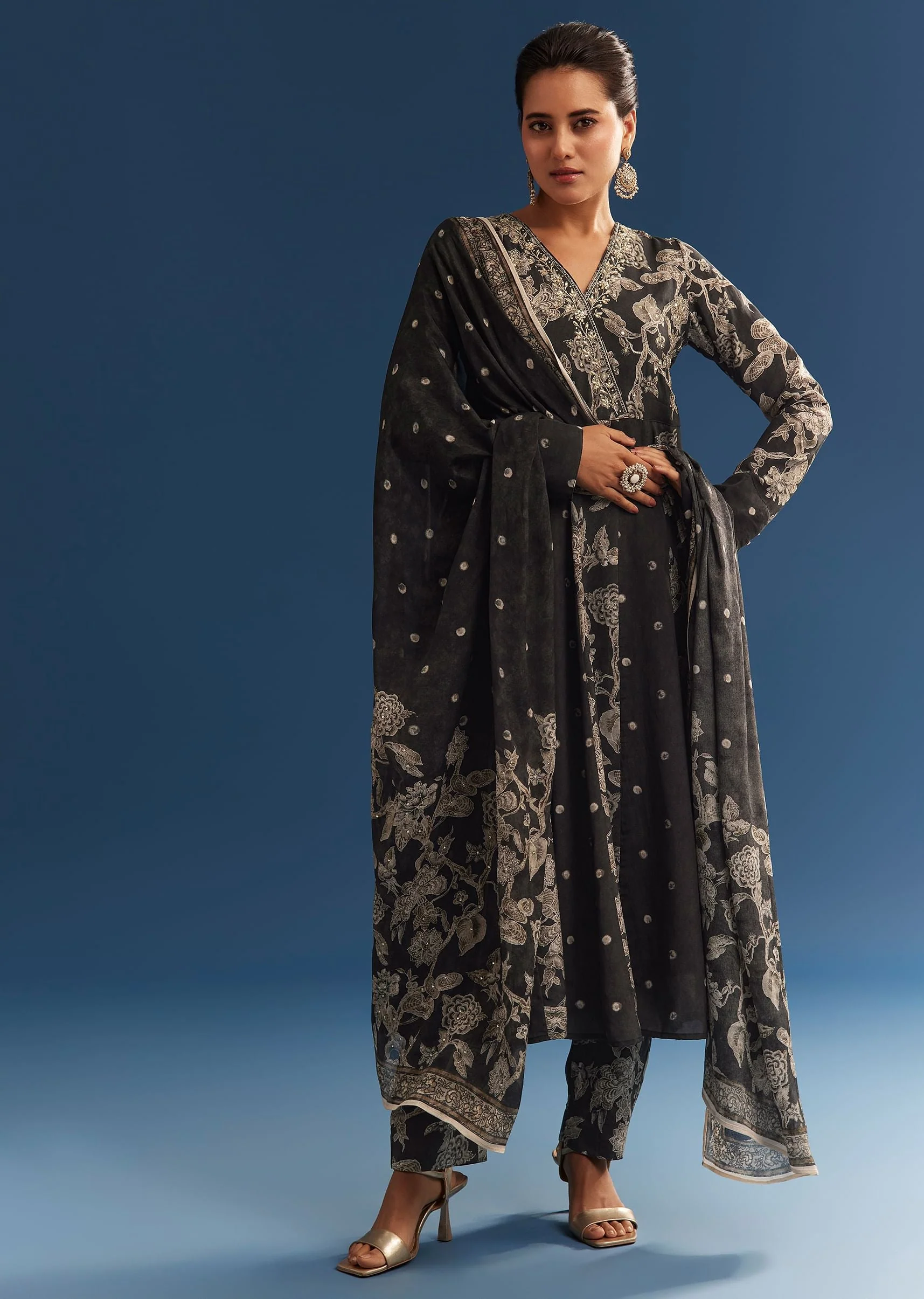 Black Floral Printed Crepe Anarkali Set With Embroidered Neckline