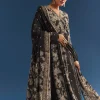 Black Floral Printed Crepe Anarkali Set With Embroidered Neckline