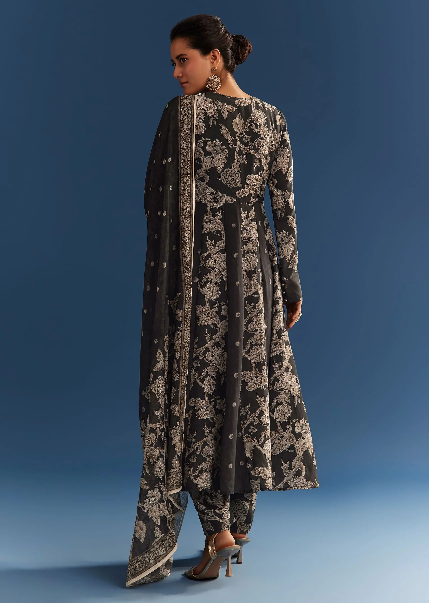 Black Floral Printed Crepe Anarkali Set With Embroidered Neckline