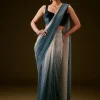 Teal And Cream Ombre Sequin Velvet Saree