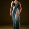 Teal And Cream Ombre Sequin Velvet Saree