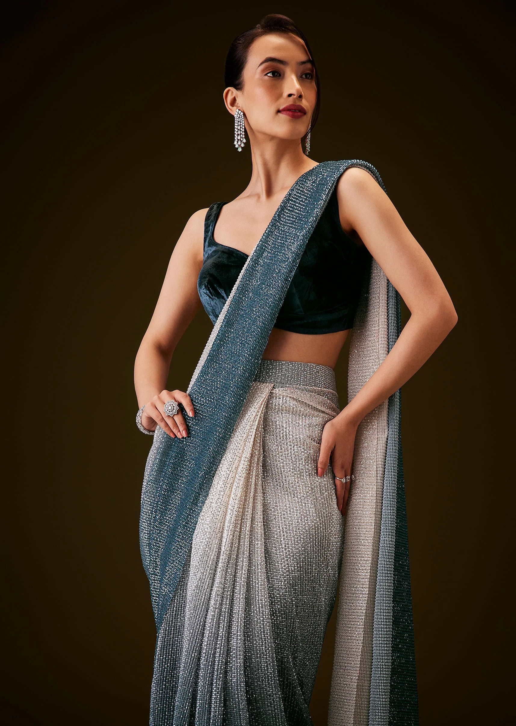 Teal And Cream Ombre Sequin Velvet Saree