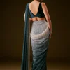 Teal And Cream Ombre Sequin Velvet Saree