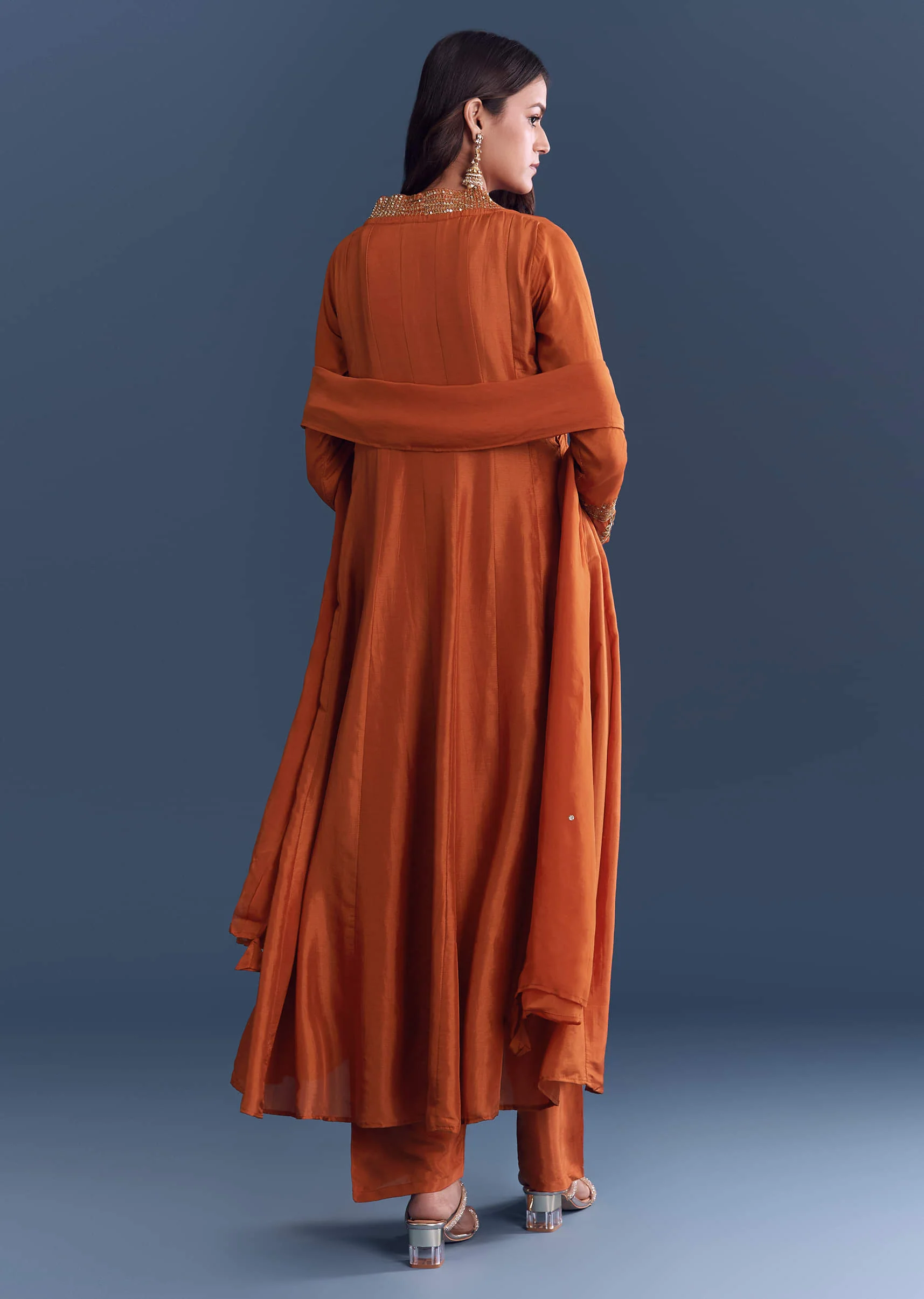 Orange Silk Anarkali Suit With Sequins And Cutdana Work