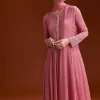 Pink Chinon Anarkali Suit With Moti And Stone Work