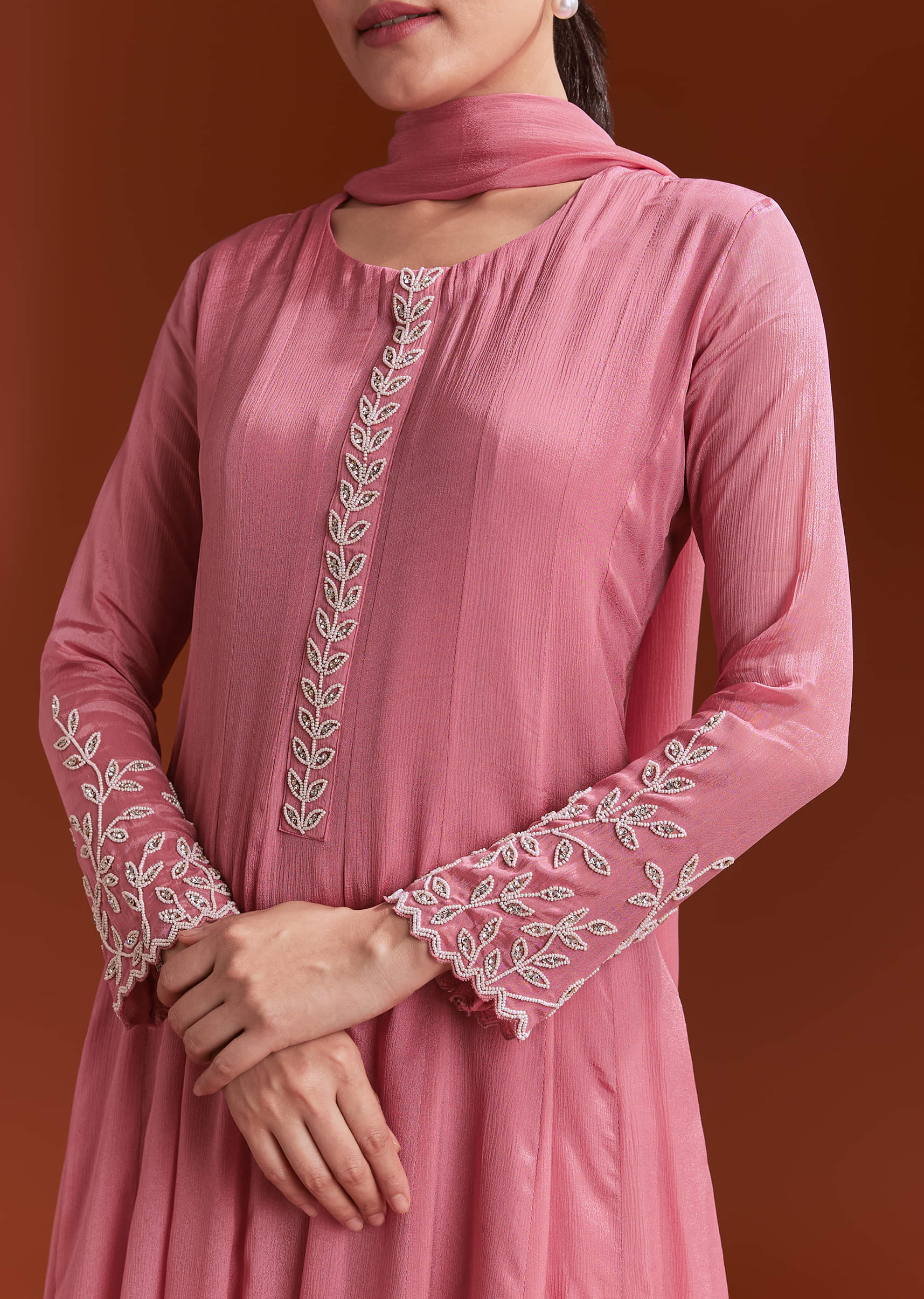 Pink Chinon Anarkali Suit With Moti And Stone Work