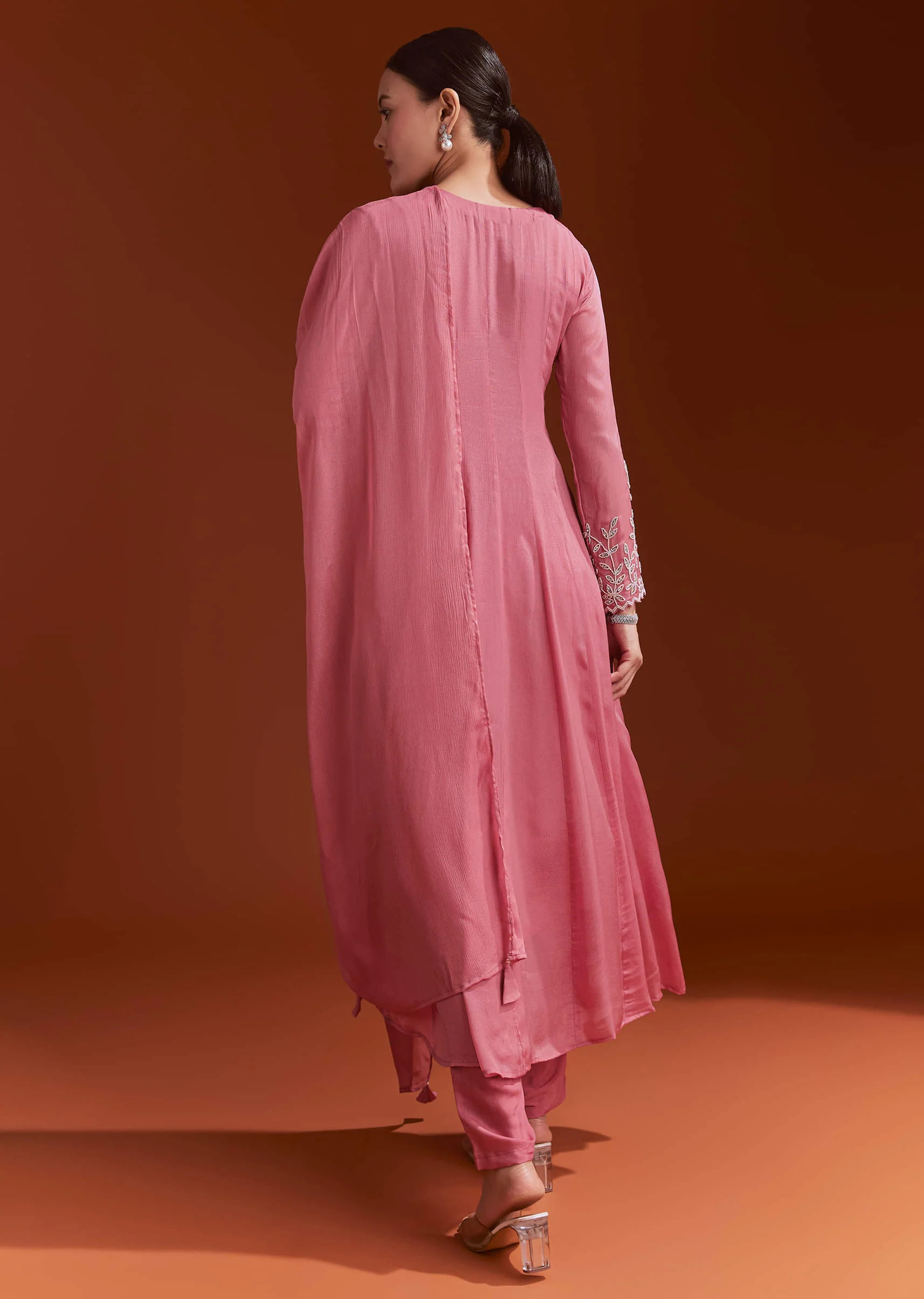 Pink Chinon Anarkali Suit With Moti And Stone Work
